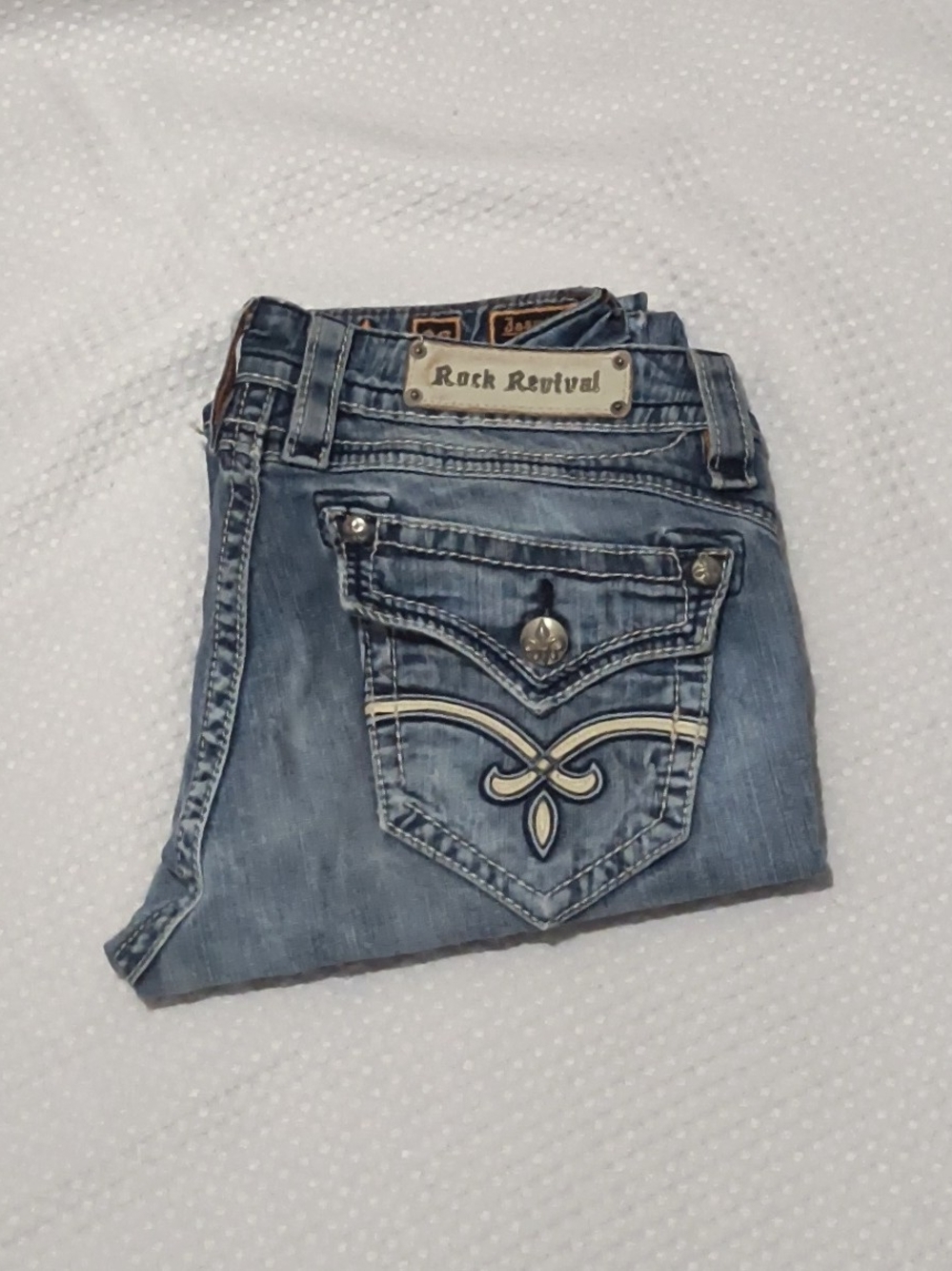 Rock Revival Women's Faded Blue Embroidered Pocket Bootcut Jeans